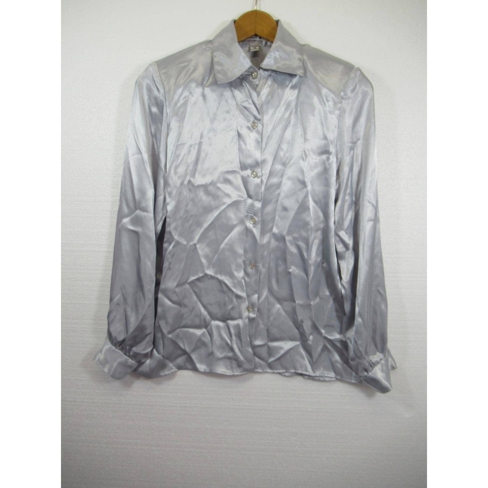 Vintage 80s 90s David Benjamin Shiny Satin Secretary Blouse Women 14 Gray